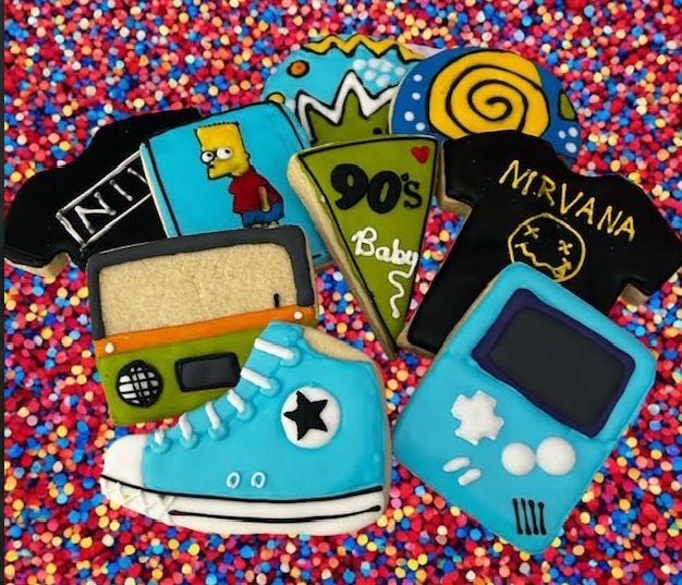Retro 90s themed decorated cookies — Simpsons, Nirvana, Game Boy, Converse designs