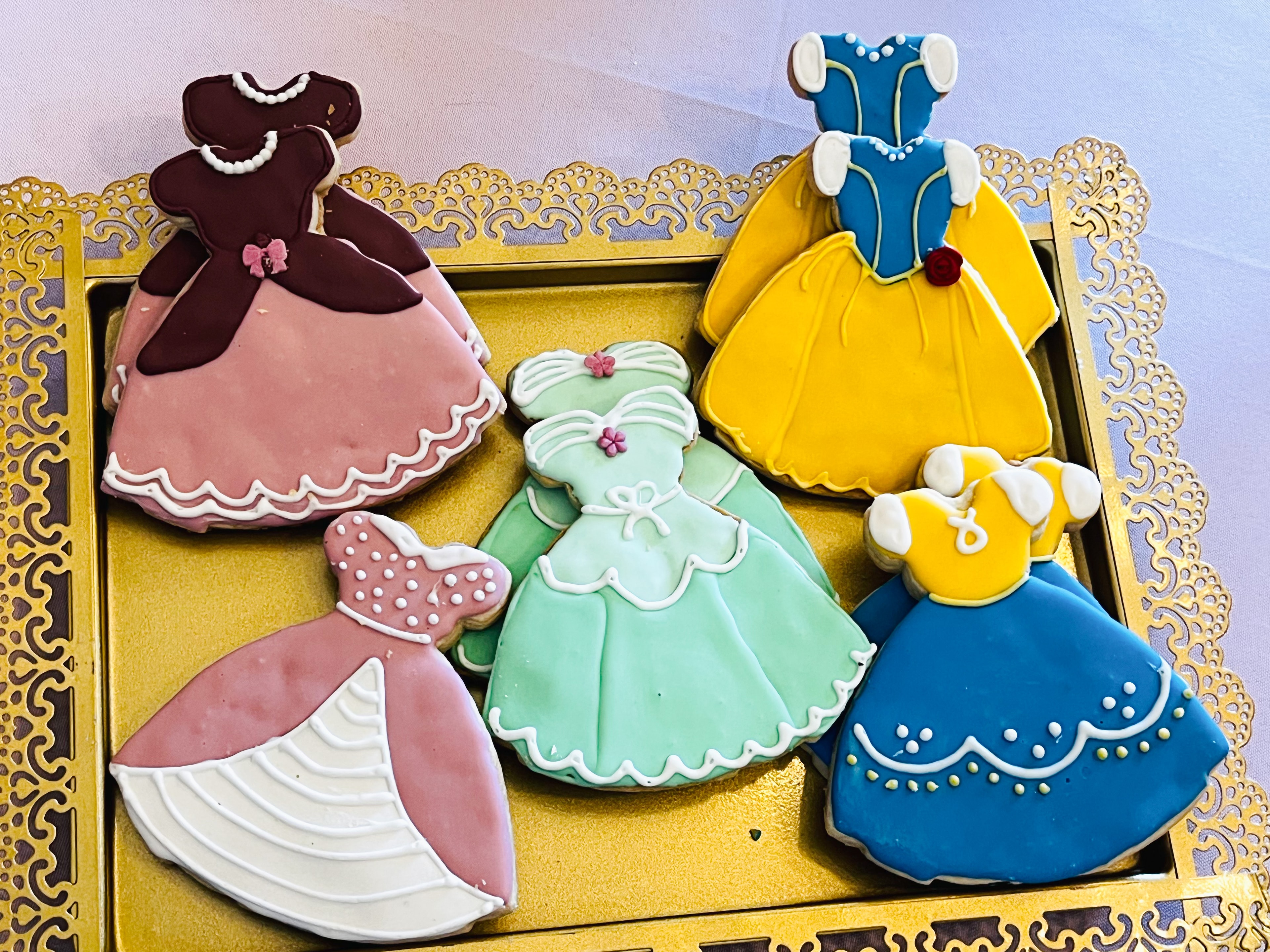 Princess dress cookies in gold decorative box — Snow White, Cinderella, Ariel and other Disney-inspired gowns