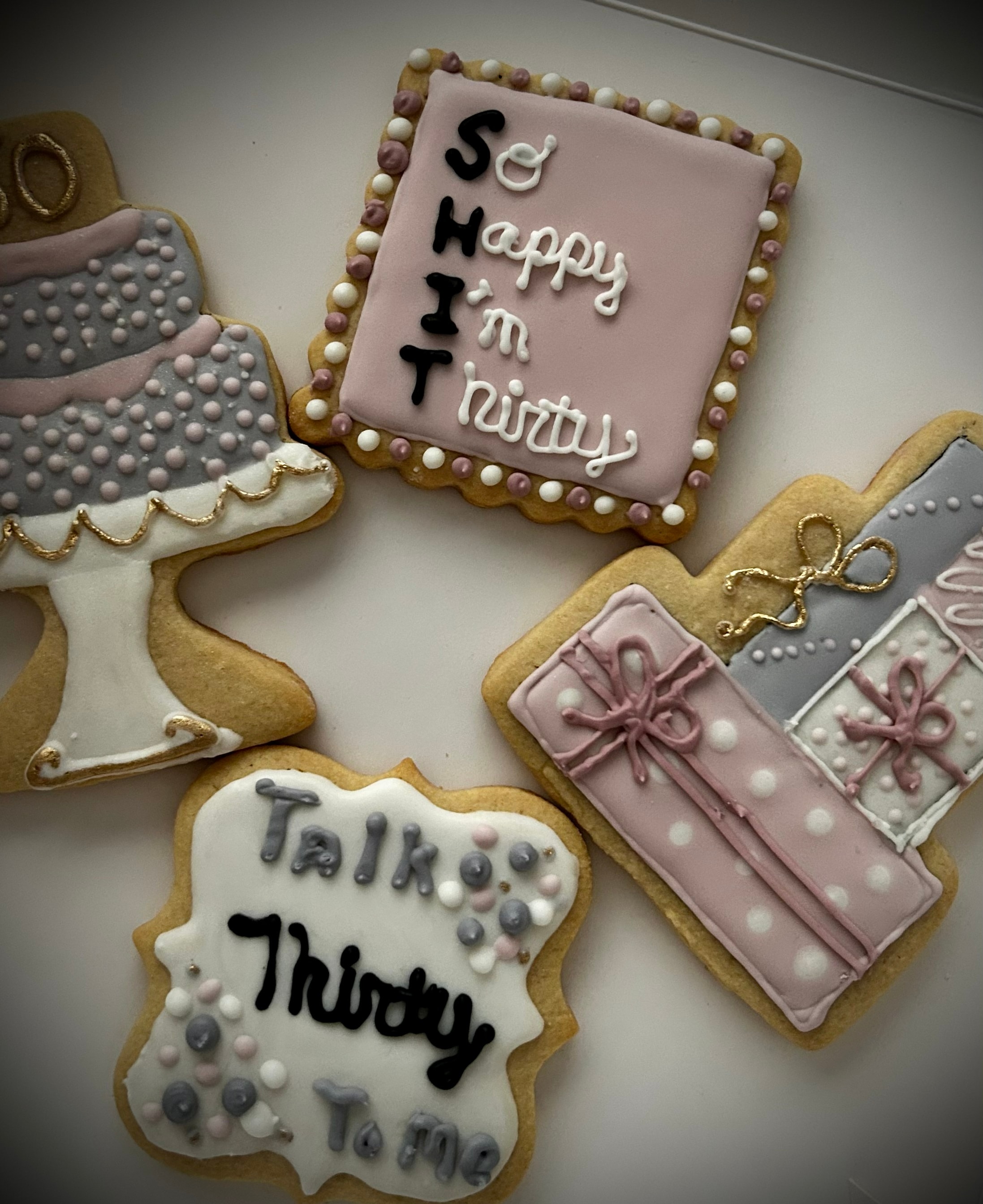 30th birthday cookies — So Happy I'm Thirty, Talk Thirty To Me, cake and gift box designs in pink and grey