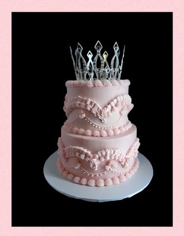 Pink princess birthday cake with tiara crown topper and lambeth piping