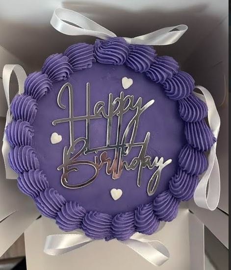 Purple Happy Birthday bento cake with silver script topper and ribbon