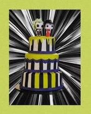 Beetlejuice themed wedding cake with Funko Pop toppers and black stripes