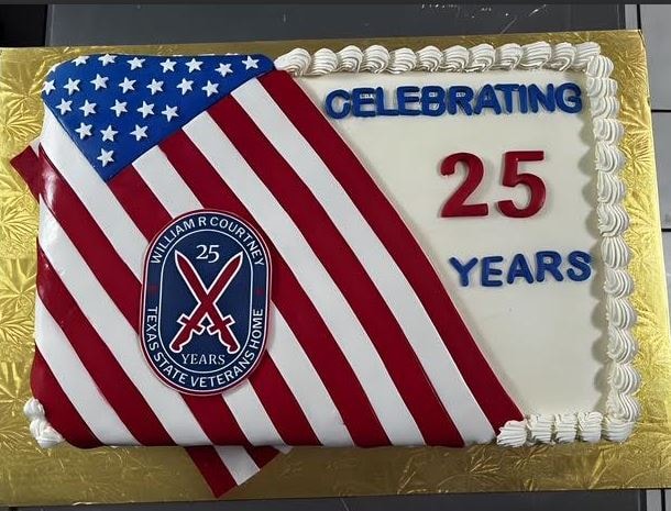 American flag sheet cake celebrating 25 years with military insignia