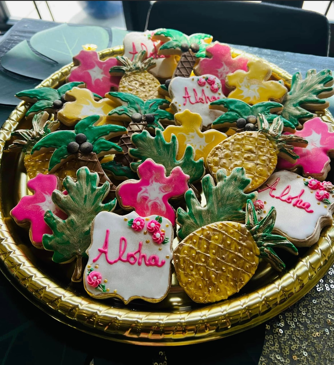 Decorated aloha cookies tropical theme platter