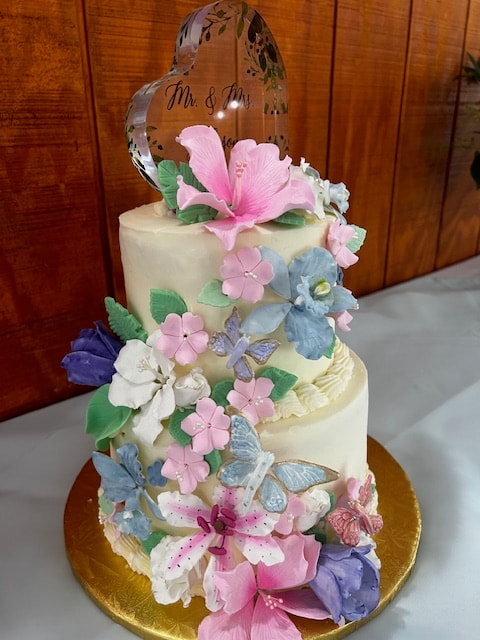 Tea party wedding cake with floral decorations